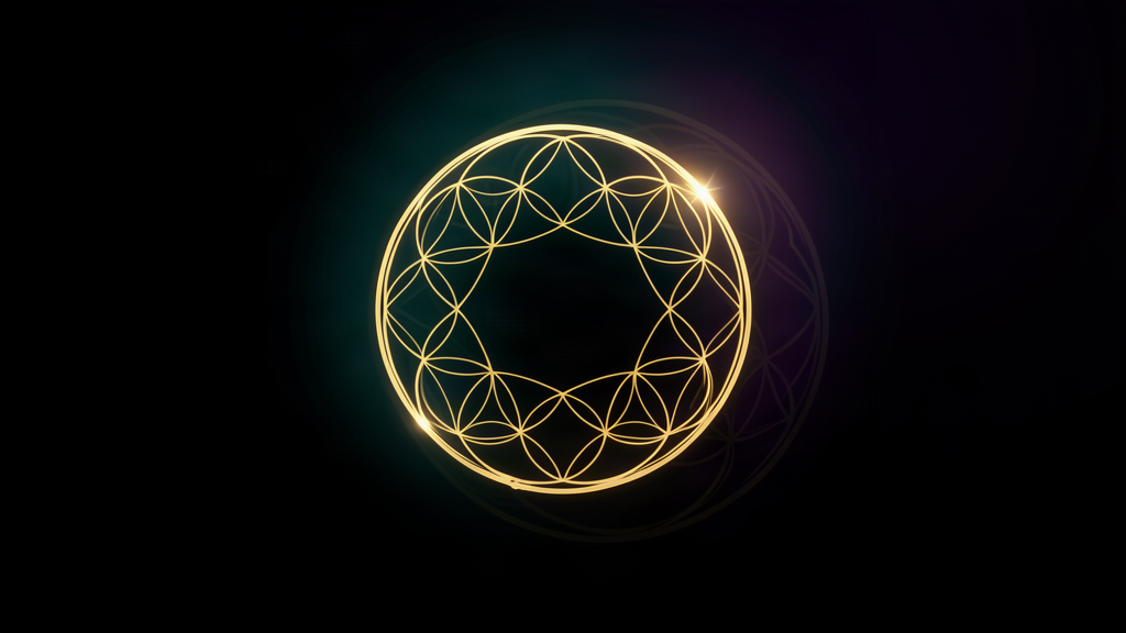 A single luminous golden Flower-of-Life ring on deep black with a faint second ghost-ring beside it.